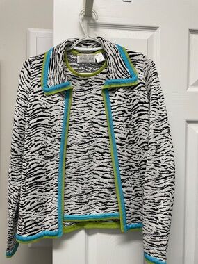 Black & White Zebra-Print Jacket with Turquoise Trim